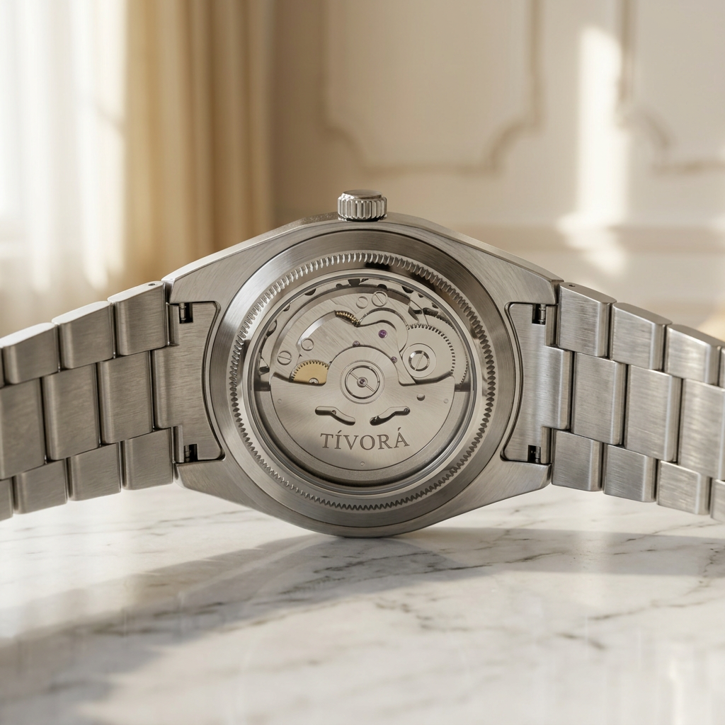 Échelon Argent Steel Yellow Dial – case back with movement