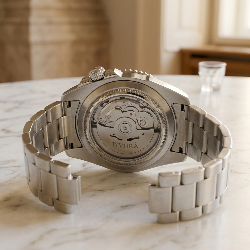 Élan Two Tone Steel Emerald Dial – case back with movement