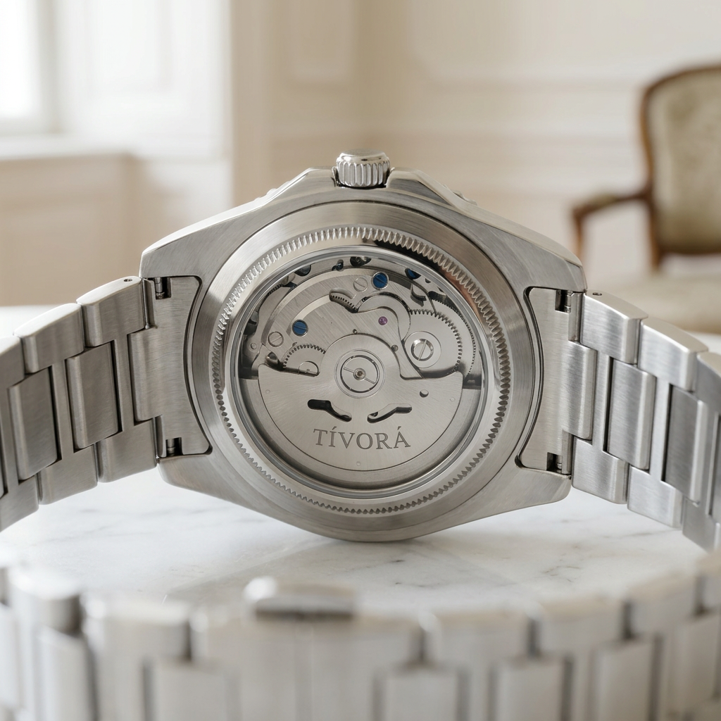 Vertex Argent Steel Emerald Dial – case back with movement