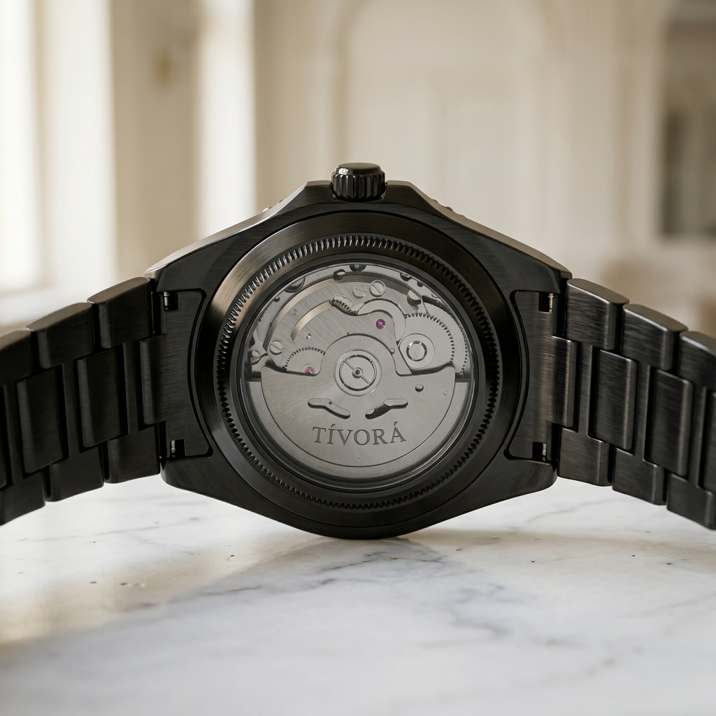 Vertex Argent Steel Onyx Dial – case back with movement