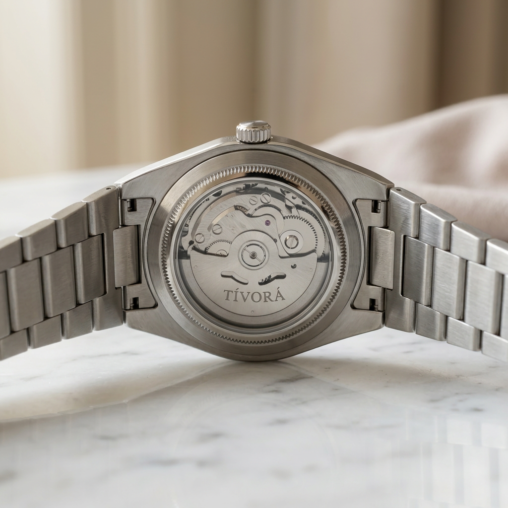 Échelon Argent Steel Azure Dial – case back with movement