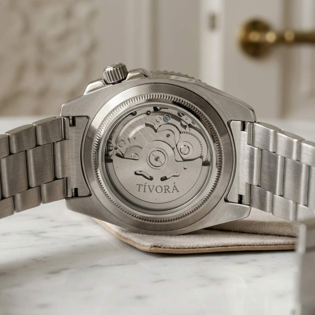 Échelon Argent Steel Lime Dial – case back with movement