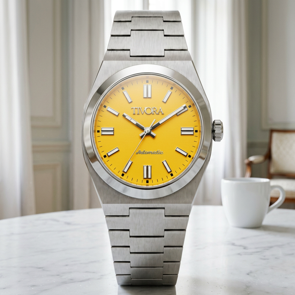Échelon Argent Steel Yellow Dial – front view