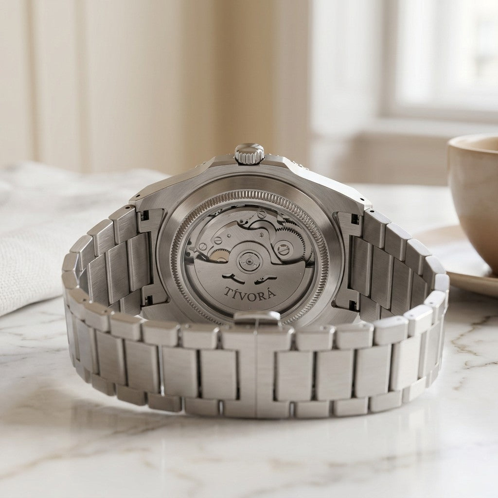 Élan Argent Steel, pink dial – case back with movement