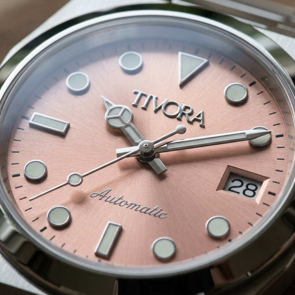 Élan Argent Steel, pink dial – close-up