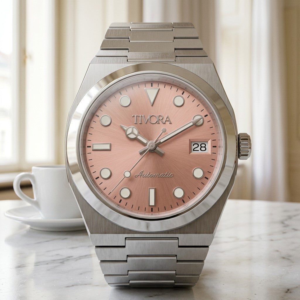 Élan Argent Steel, pink dial – front view
