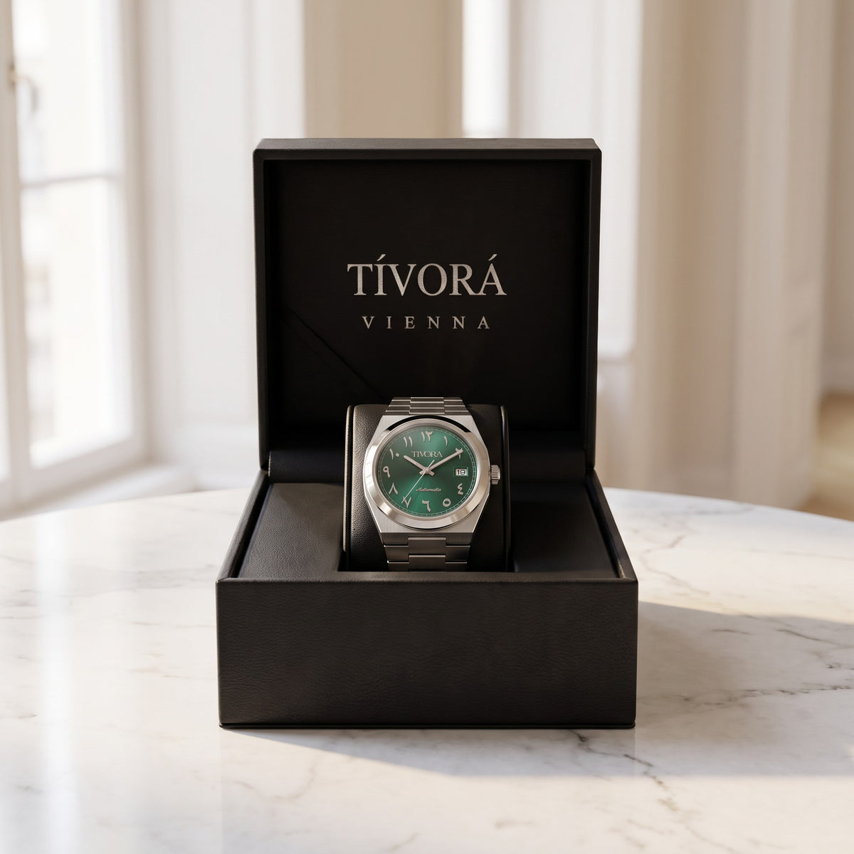 Élan Argent Steel Arabic Emerald Dial – in the TÍVORÁ box