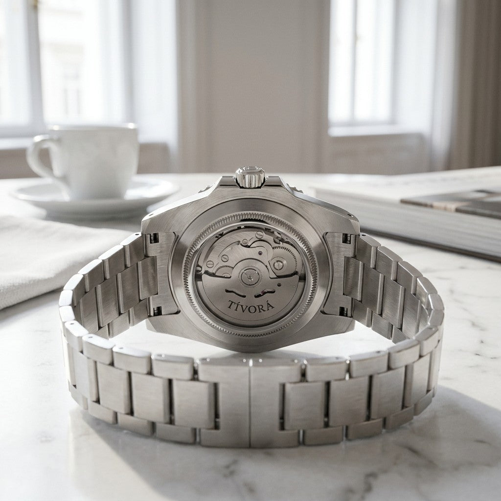 Élan Argent Steel Arabic Emerald Dial – case back with movement