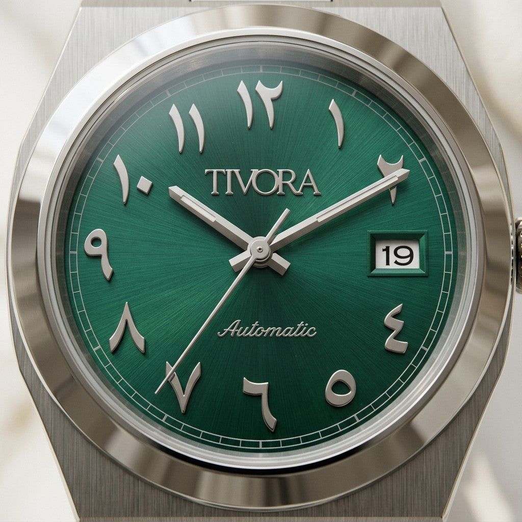 Élan Argent Steel Arabic Emerald Dial – close-up