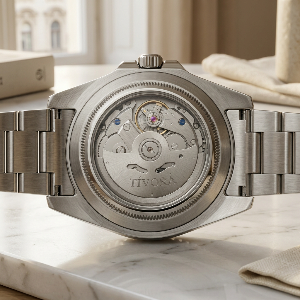 Élan Argent Steel Olive Dial – case back with movement