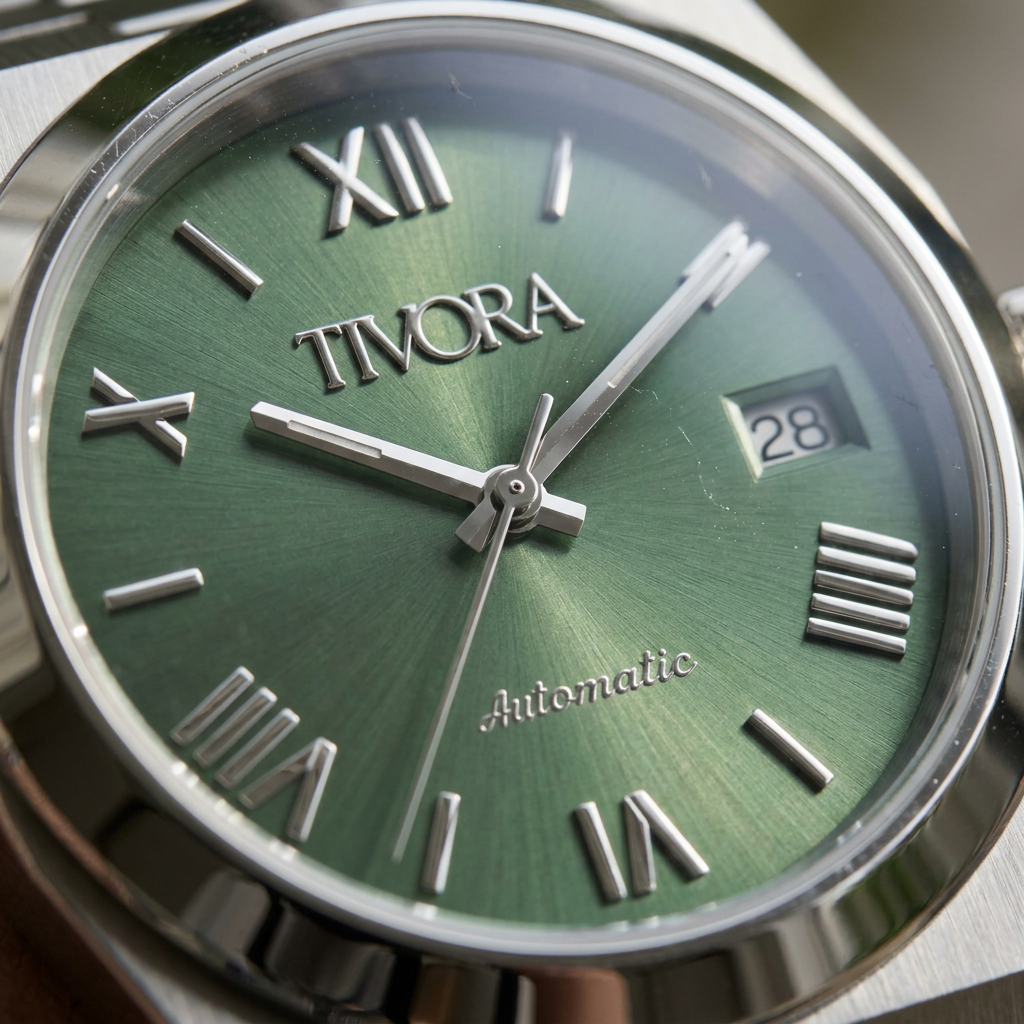 Élan Argent Steel Olive Dial – close-up
