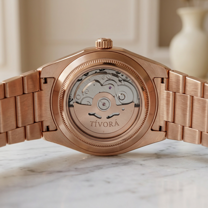Élan Rose Steel Sunburst Dial – case back with movement