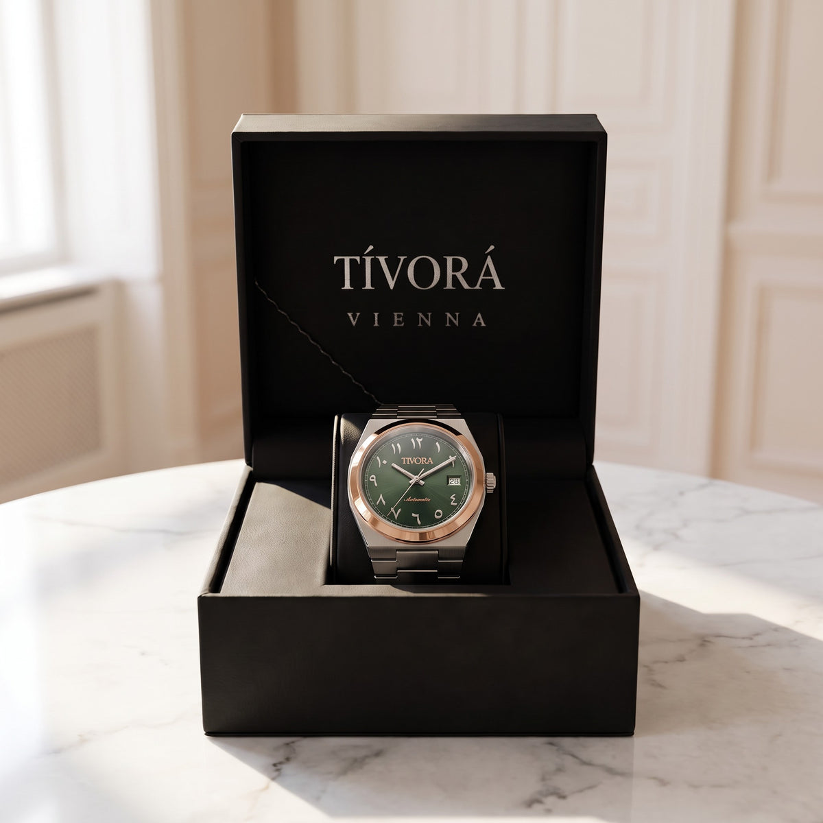 Élan Two Tone Steel Arabic Olive Dial – in the TÍVORÁ box