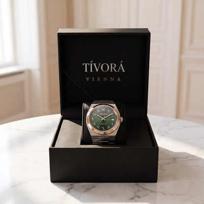 Élan Two Tone Steel Arabic Olive Dial – in the TÍVORÁ box