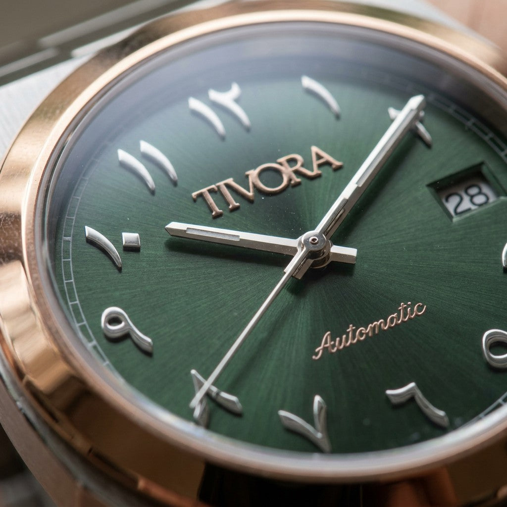 Élan Two Tone Steel Arabic Olive Dial – close-up