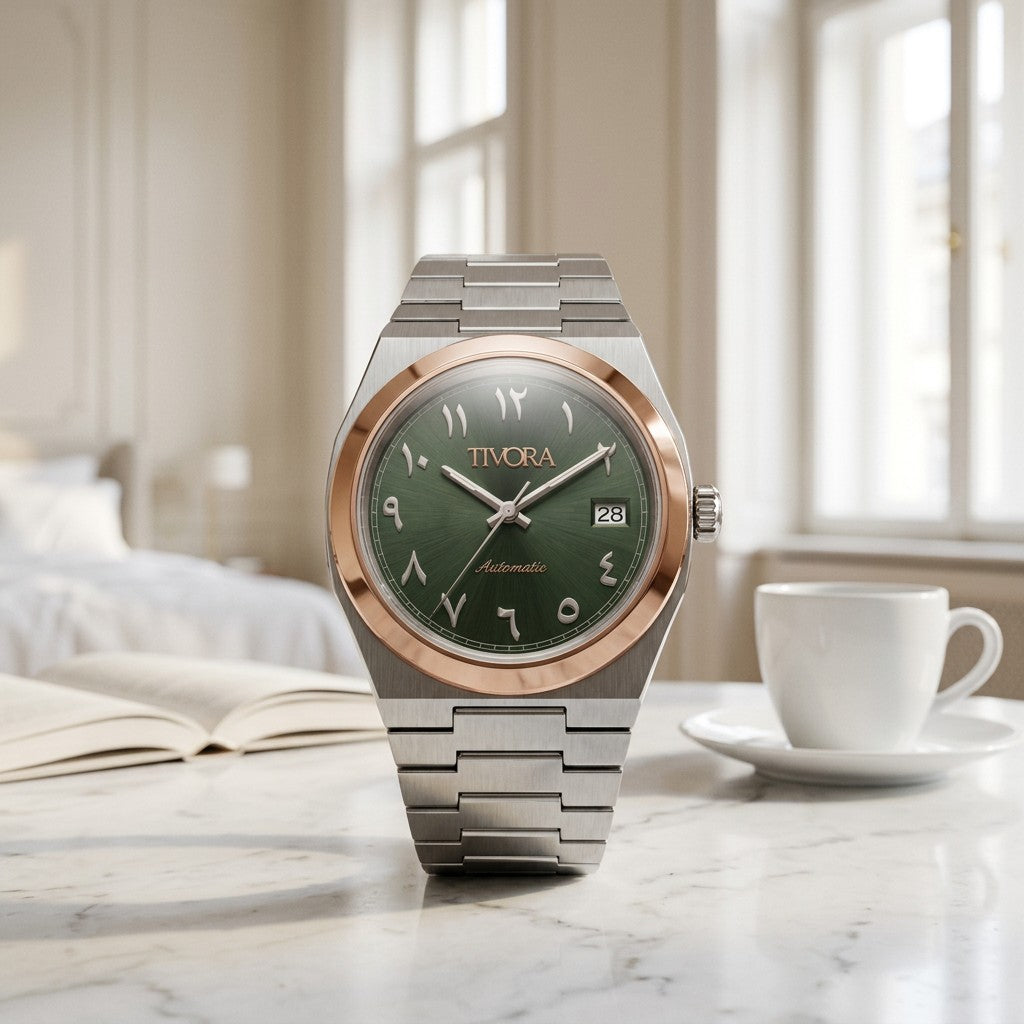 Élan Two Tone Steel Arabic Olive Dial – front view