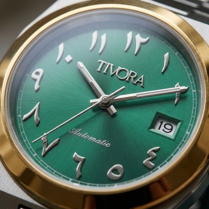 Élan Two Tone Steel Emerald Dial – close-up