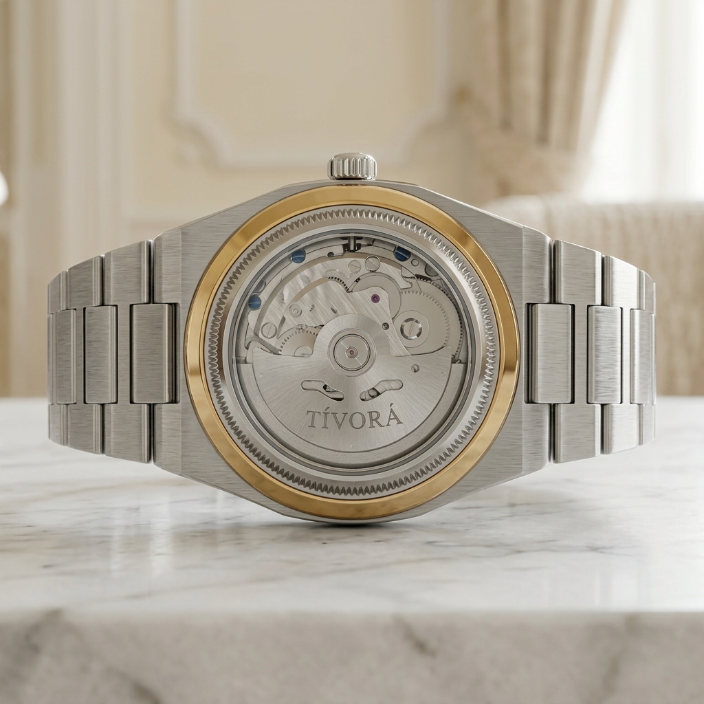 Élan Two Tone Steel Ice Dial – case back with movement