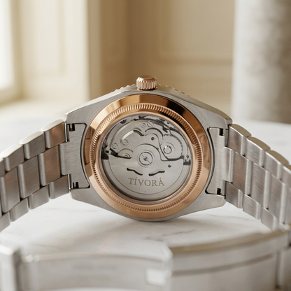 Élan Two Tone Steel Roman Ice Dial – case back with movement