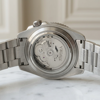 EQUINOX Argent Steel Diver Dial – case back with movement