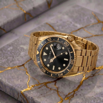 TÍVORÁ EQUINOX Aurelius Steel Onyx Dial on stone