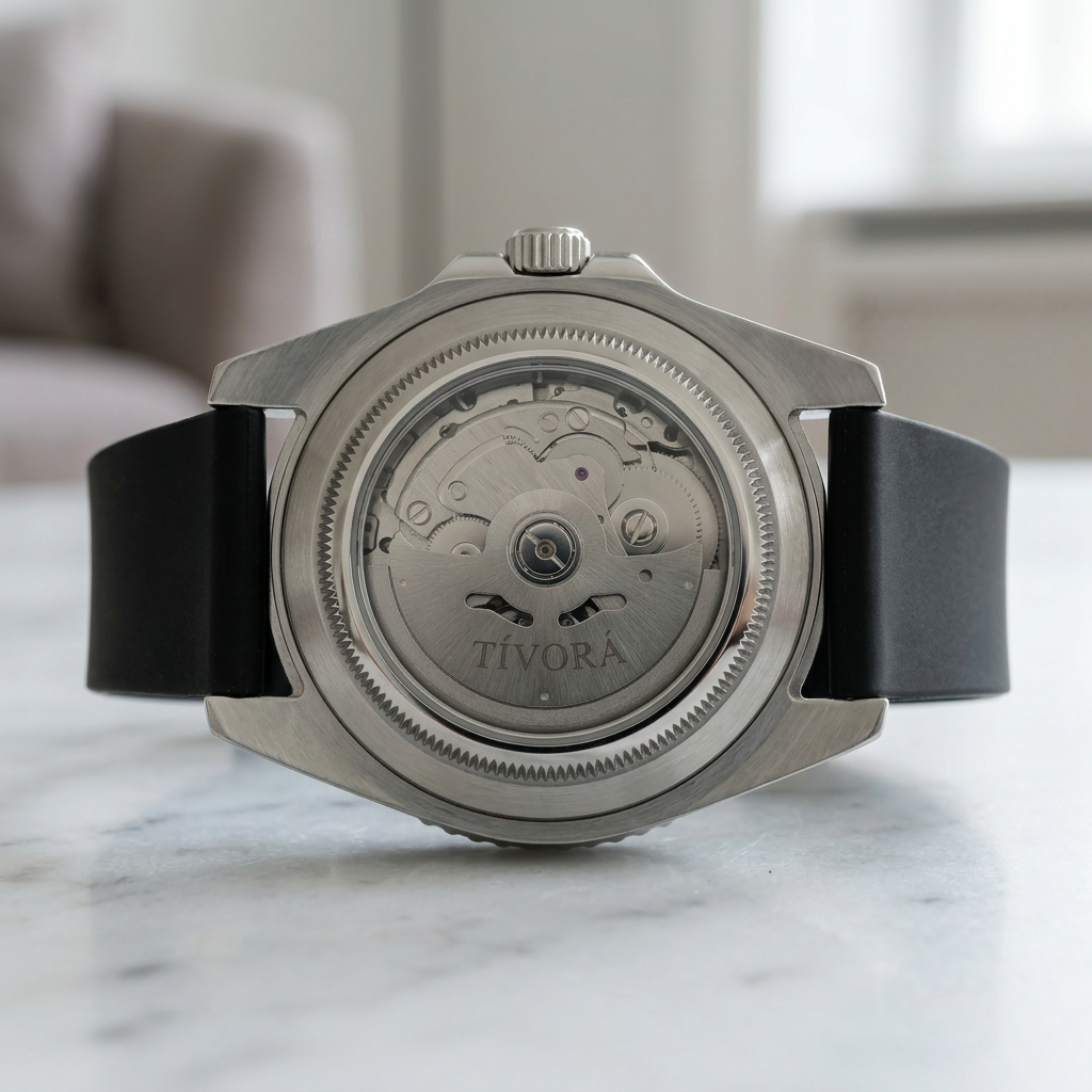 Marinex Argent Steel Deep Azure Dial Rubber – case back with movement