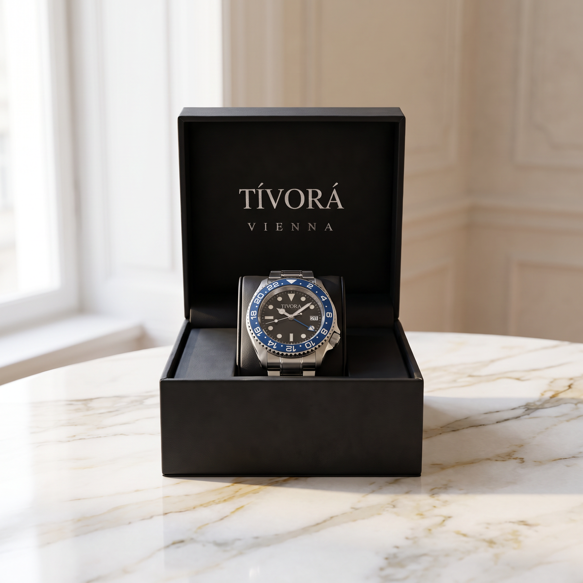 Meridian Argent Steel Azure Dial – in the TÍVORÁ box