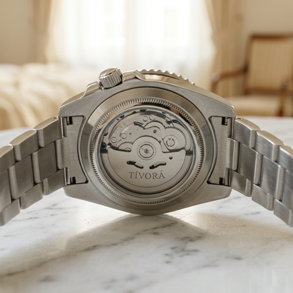 Meridian Argent Steel Azure Dial – case back with movement