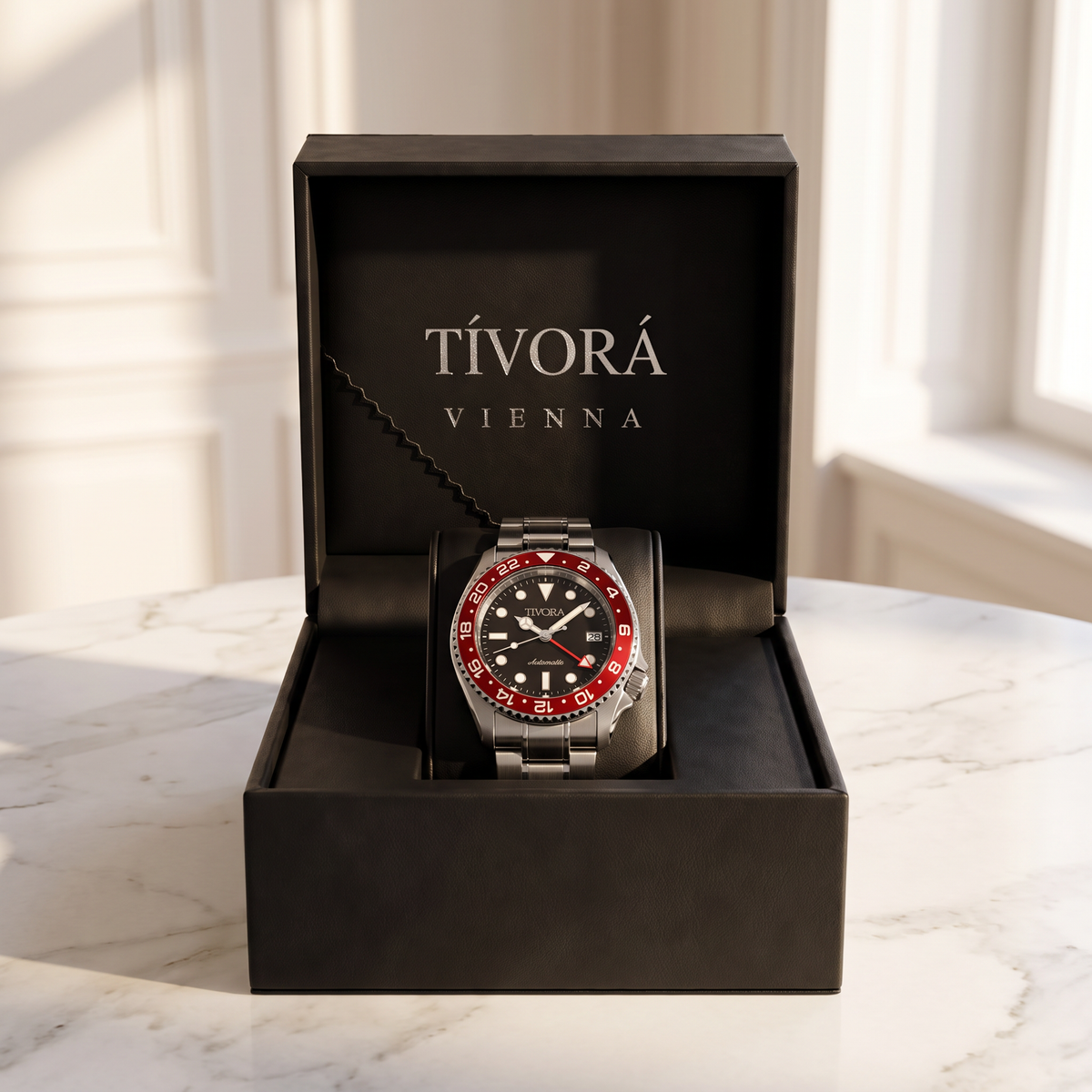 Meridian Argent Steel Crimson Dial – in the TÍVORÁ box