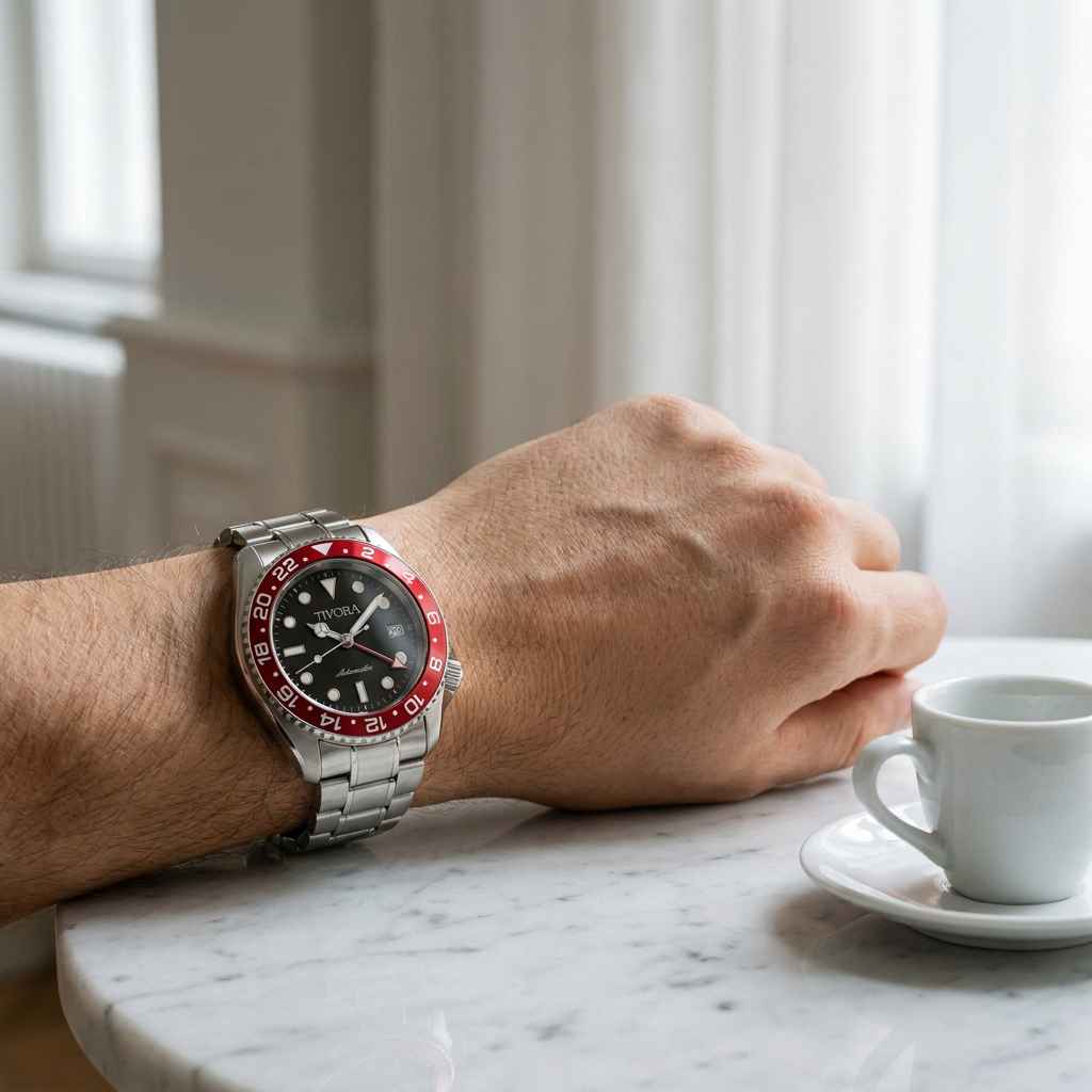 Meridian Argent Steel Crimson Dial – on the wrist