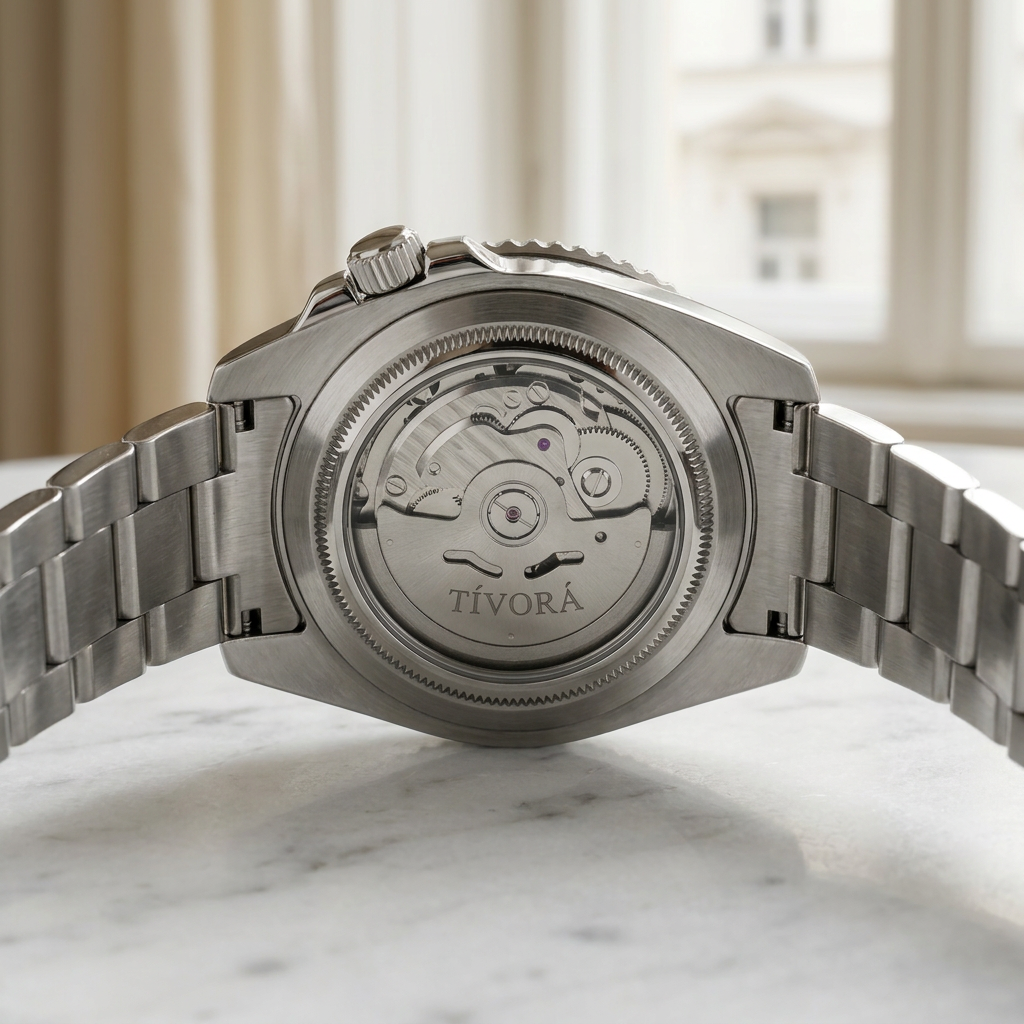Meridian Argent Steel Crimson Dial – case back with movement