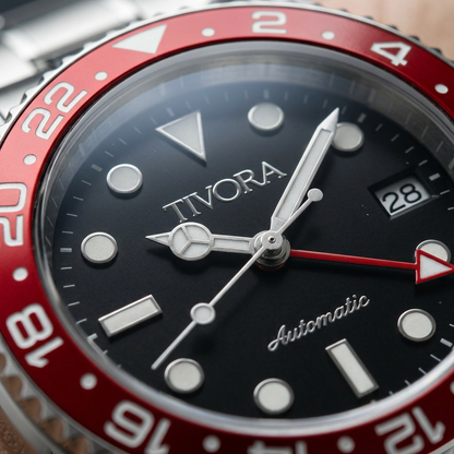 Meridian Argent Steel Crimson Dial – close-up