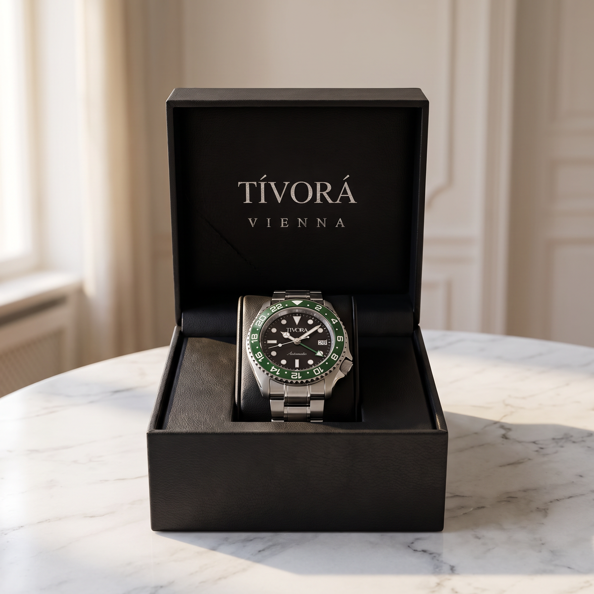 Meridian Argent Steel Emerald Dial – in the TÍVORÁ box