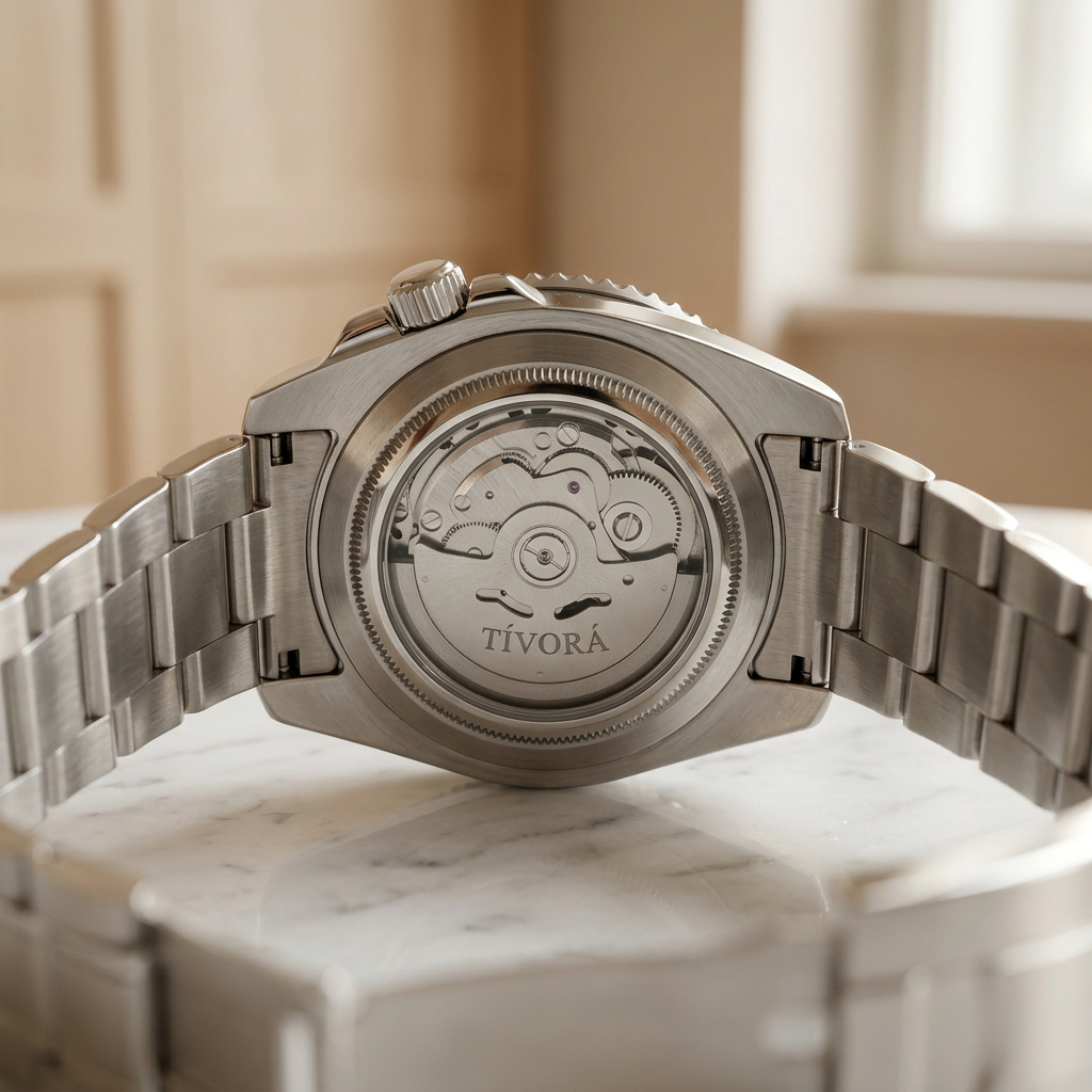 Meridian Argent Steel Emerald Dial – case back with movement