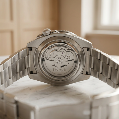 Meridian Argent Steel Emerald Dial – case back with movement
