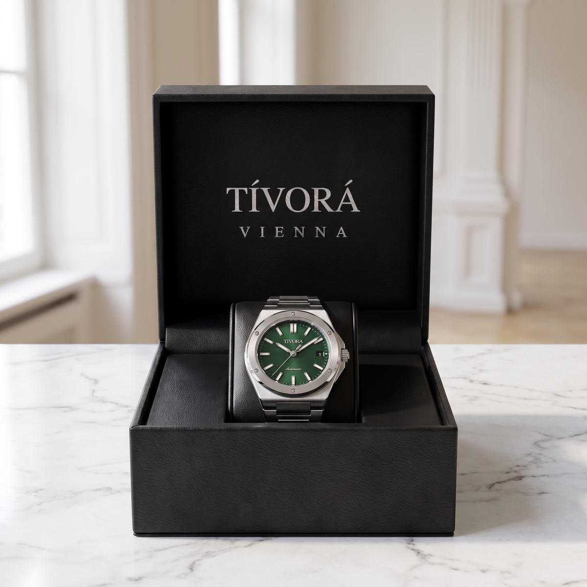 Vertex Argent Steel Emerald Dial – in the TÍVORÁ box