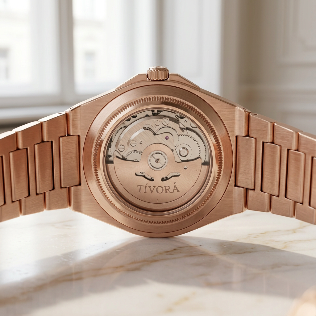 Vertex Rose Steel Champagne Dial – case back with movement