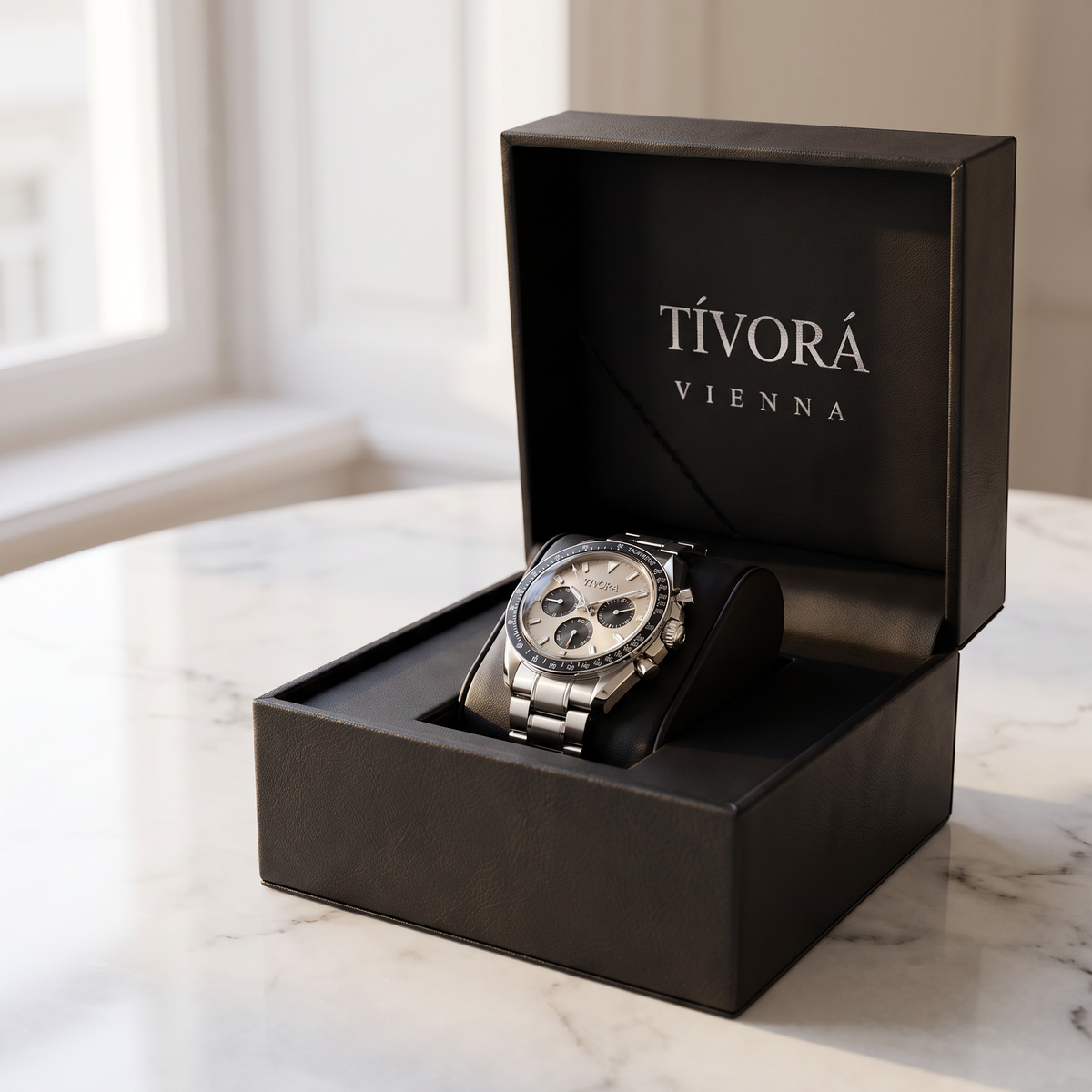 Veyron Argent Steel Champagne Dial – in the TÍVORÁ box