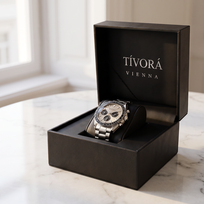 Veyron Argent Steel Champagne Dial – in the TÍVORÁ box