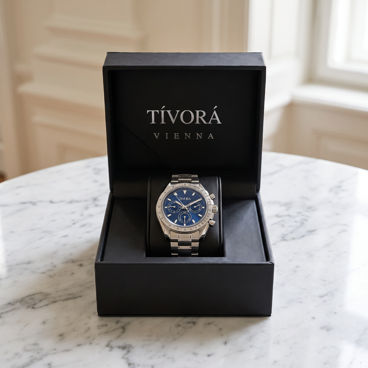 Veyron Argent Steel Ocean Dial – in the TÍVORÁ box