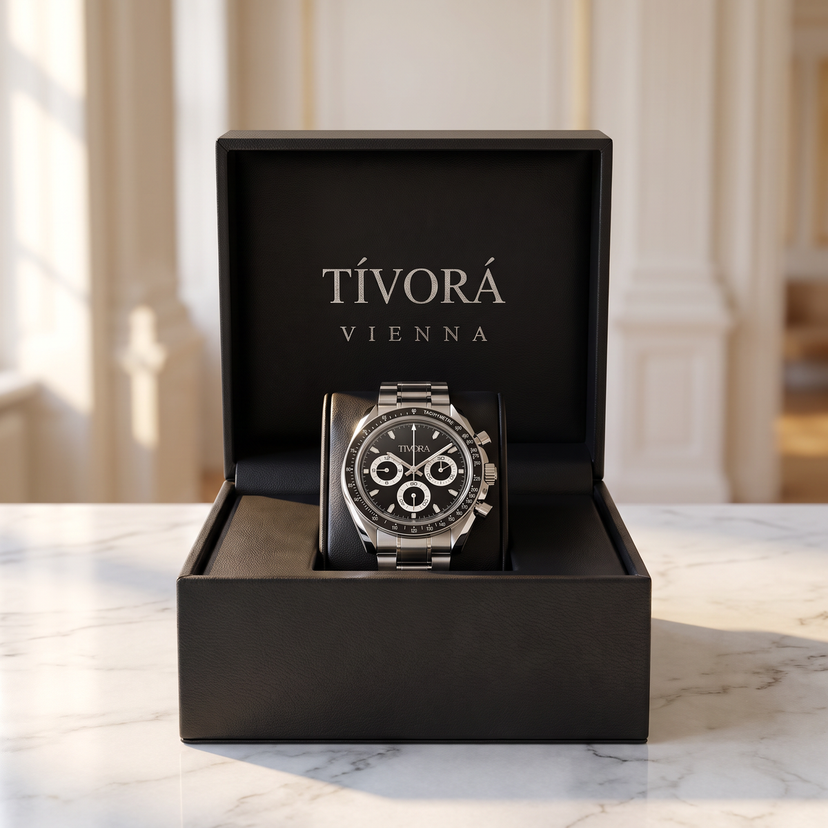 Veyron Argent Steel Onyx Dial – in the TÍVORÁ box