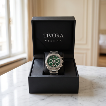 Veyron Argent Steel Race Emerald Dial – in the TÍVORÁ box