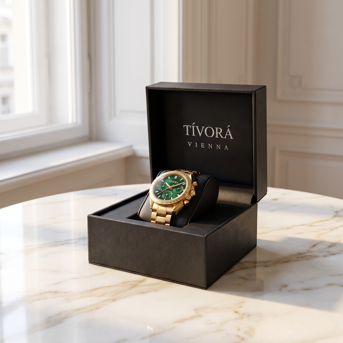 Veyron Aurelius Steel Emerald Dial – in the TÍVORÁ box