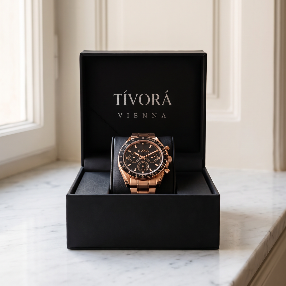 Veyron Rose Steel Onyx Dial – in the TÍVORÁ box